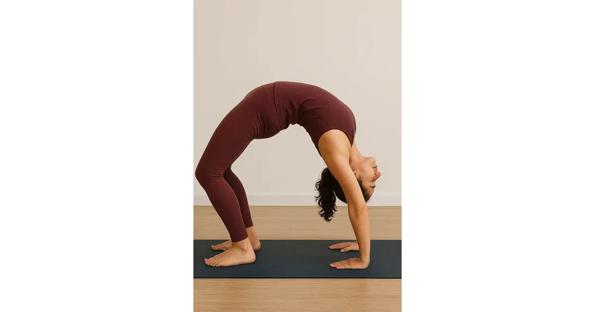 Chakrasana Pose Image – “Woman practicing Chakrasana (Wheel Pose) yoga outdoors for flexibility and strength.”