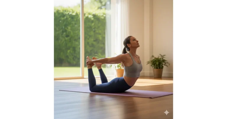 Person practicing Dhanurasana (Bow Pose) yoga posture on a mat, holding ankles and arching back for flexibility and strength.